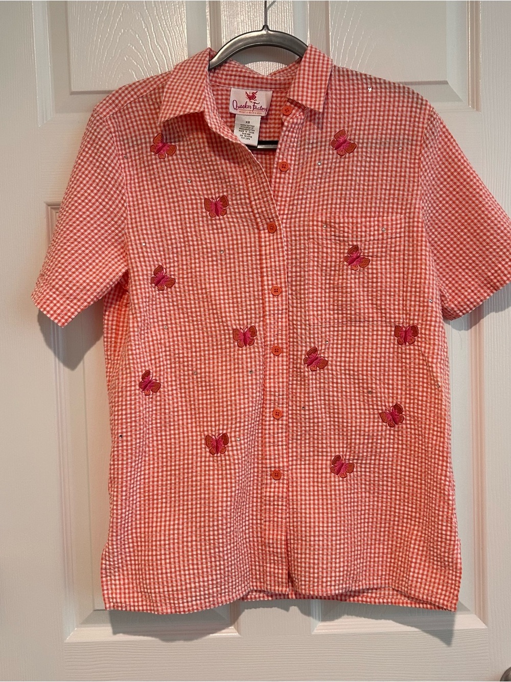 Quacker Factory Pink Gingham Button-Down Shirt with Butterfly Embroidery
